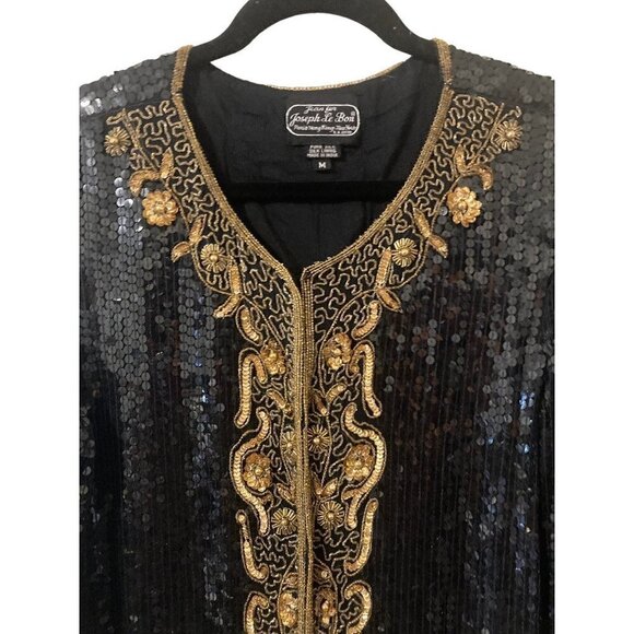 VTG Jean 4 Joseph Le Bon 100% Silk Cocktail Evening Jacket Sequin Black Gold MED - Picture 4 of 12